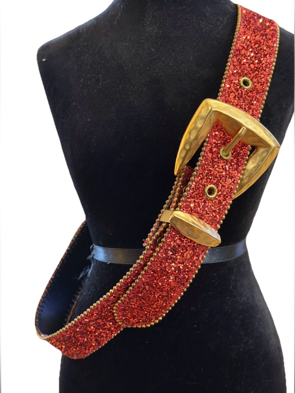 Elite Fresno CA Belt Red Glitter Patriotic Women Size S Vintage Canadian Buckle